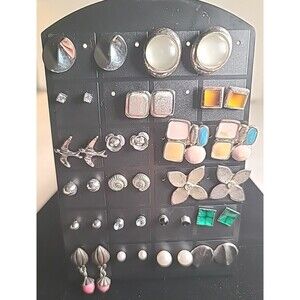 Vintage Pierced Earrings Lot of 19 Silvertone Studs 80s Bulk